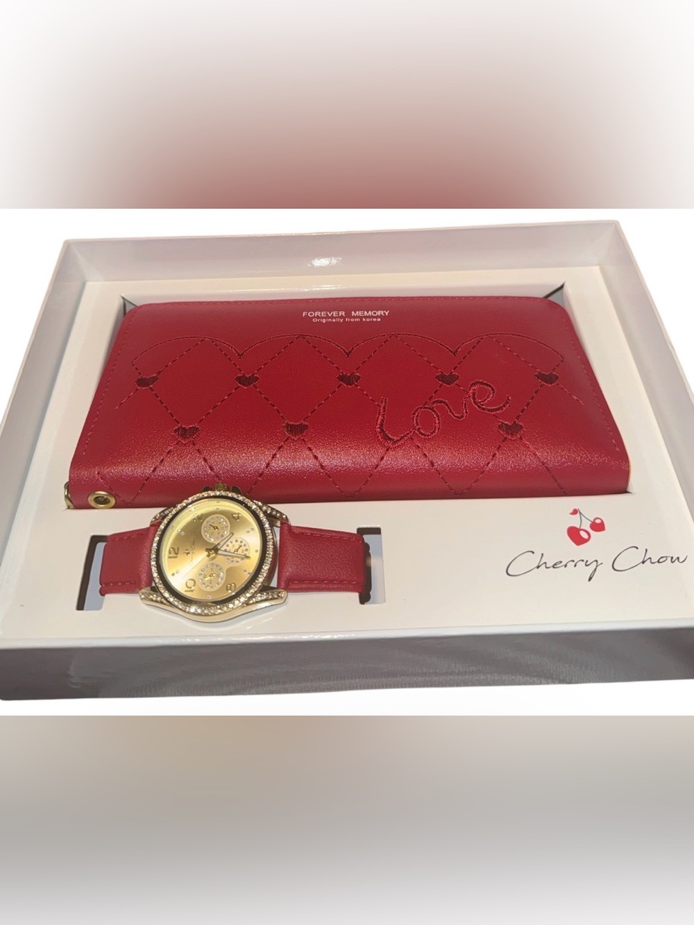 Cherry Chow Red Leather Watch and Wallet Set